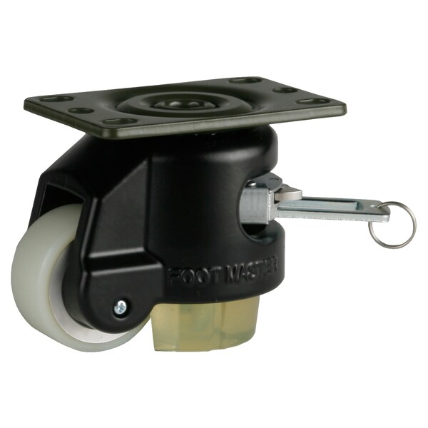 Leveling Caster, Ratchet, 50 mm PU Wheel, 2-1/2 x 3-1/4 Plate, Swivel, 250 kg Cap, PU Pad, Black